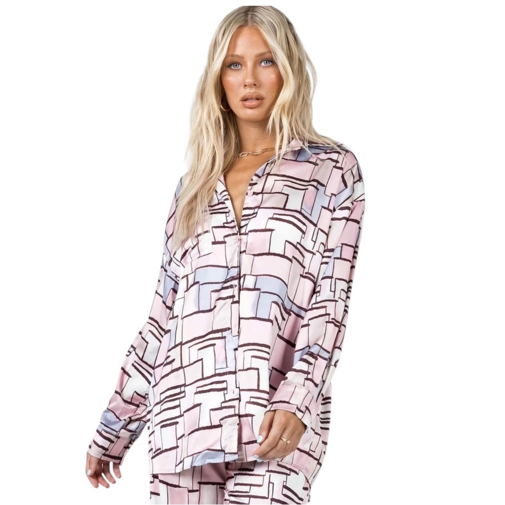Princess Polly Harris Shirt Pastel Oversized Silky Button Down Geometric - Picture 1 of 6